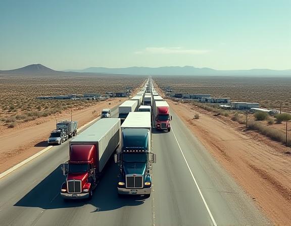 US-Mexico border crossing point near Las Cruces with freight trucks